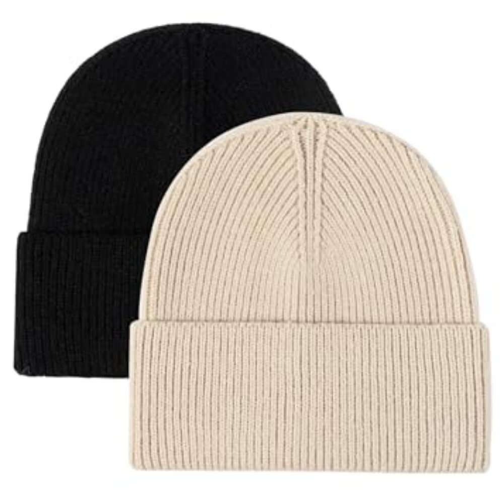 Unisex Rib Knit Cuffed Beanie Hat 2 Pack Winter Warm Minimal Chic - Picture 2 of 5